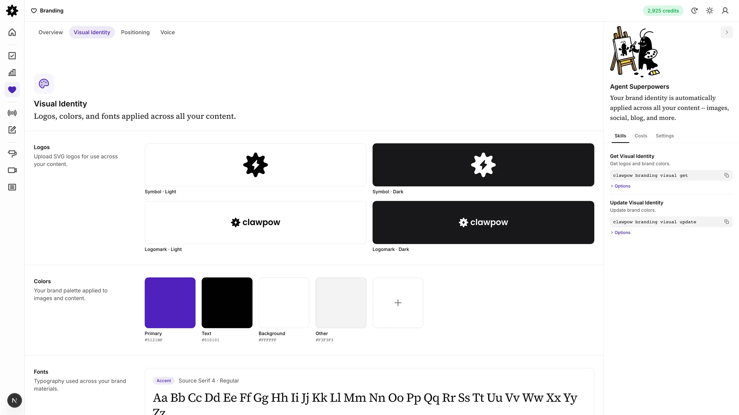 Visual identity with logos, brand colors, and fonts