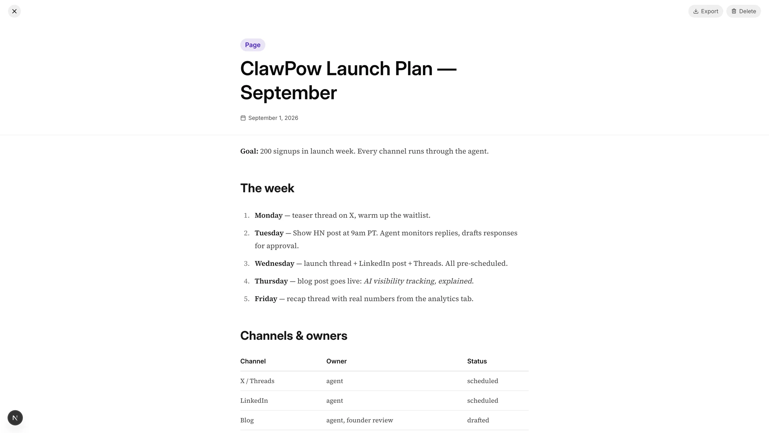 An open document created by the agent