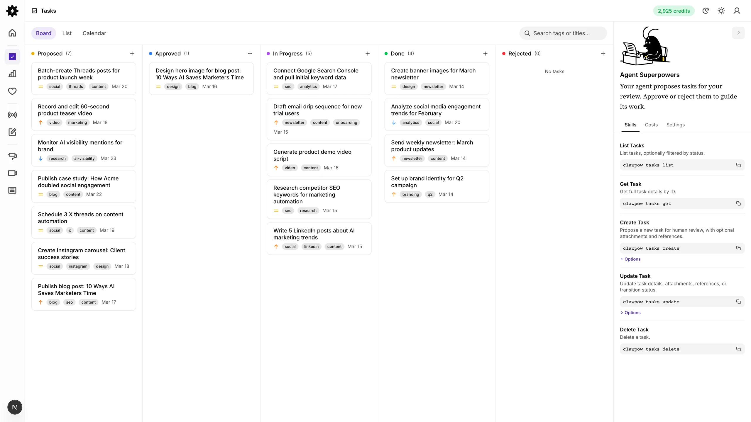 Task board with agent-proposed tasks across proposed, in progress, and done columns
